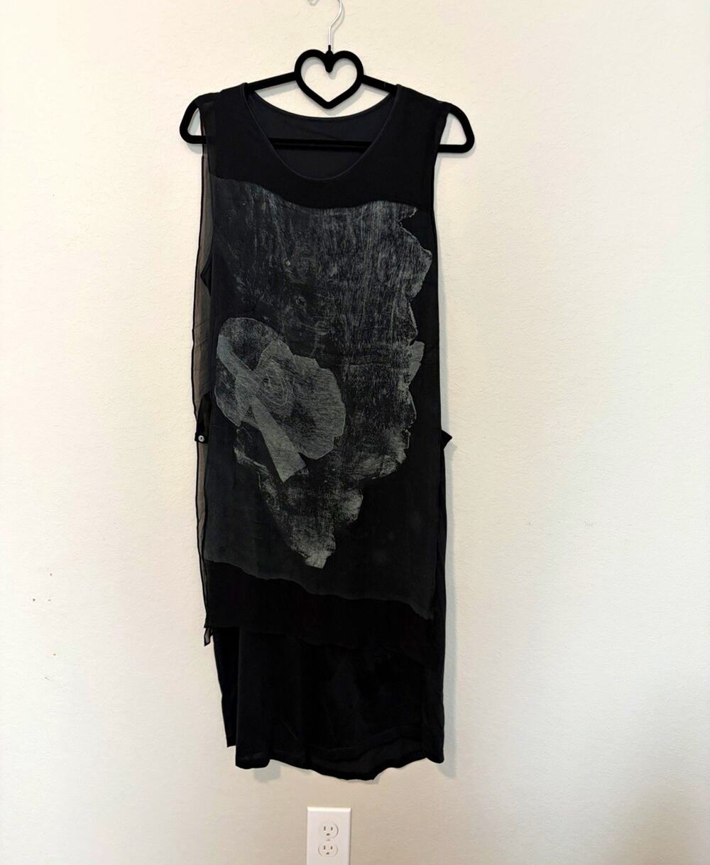 JNBY Black/Gray Abstract Chiffon Sheer Layered Shift Midi Dress Sleeveless Sz L